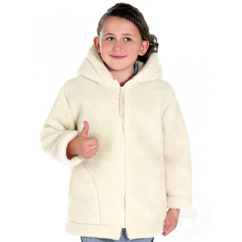 Dětská zimní bunda s kapucí z ovčí vlny 140 -146 v bílé barvě www.vyrobkyzovcivlny.cz